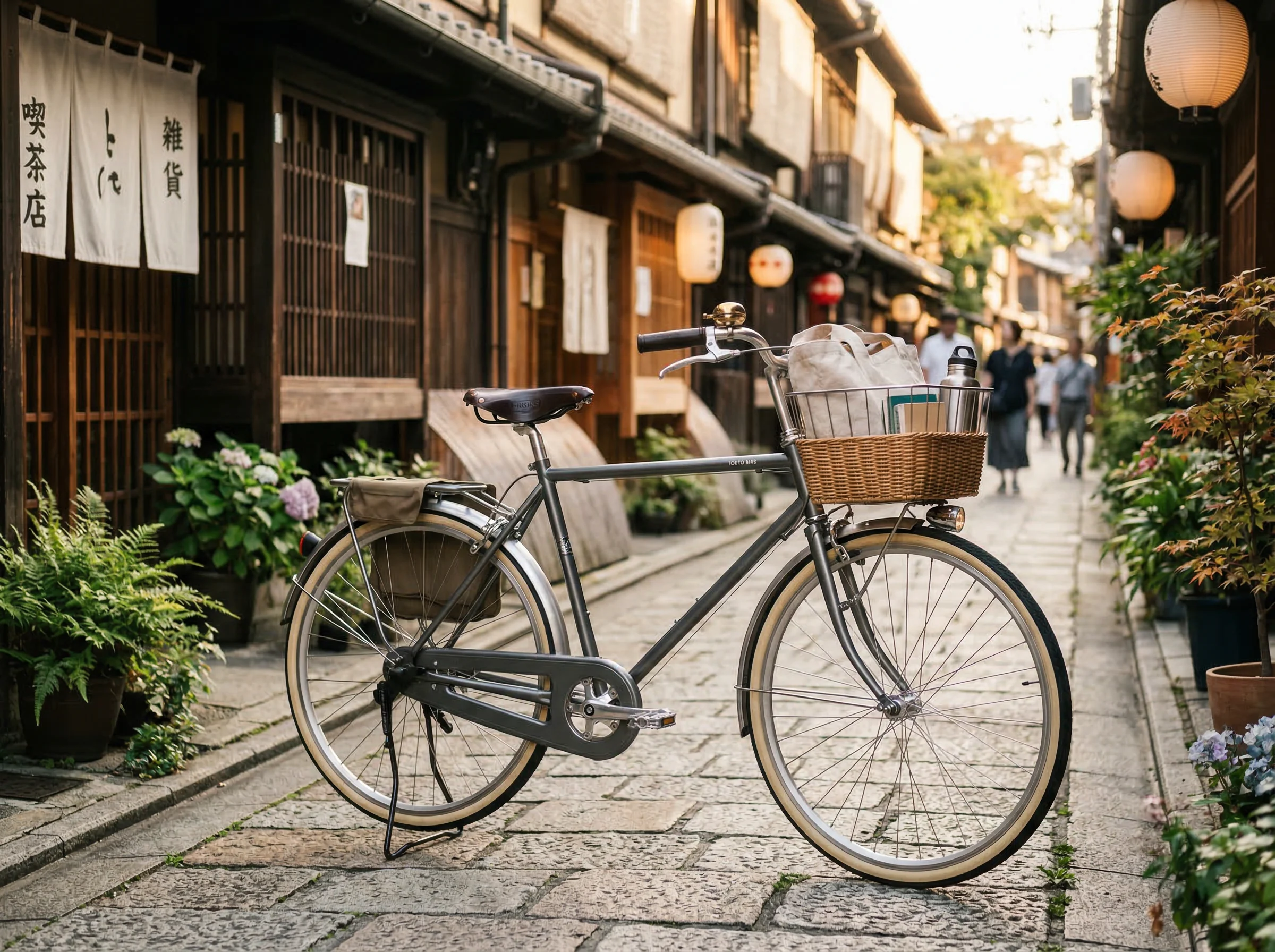 Elegant silver city commuter bicycle with basket on a Japanese street
