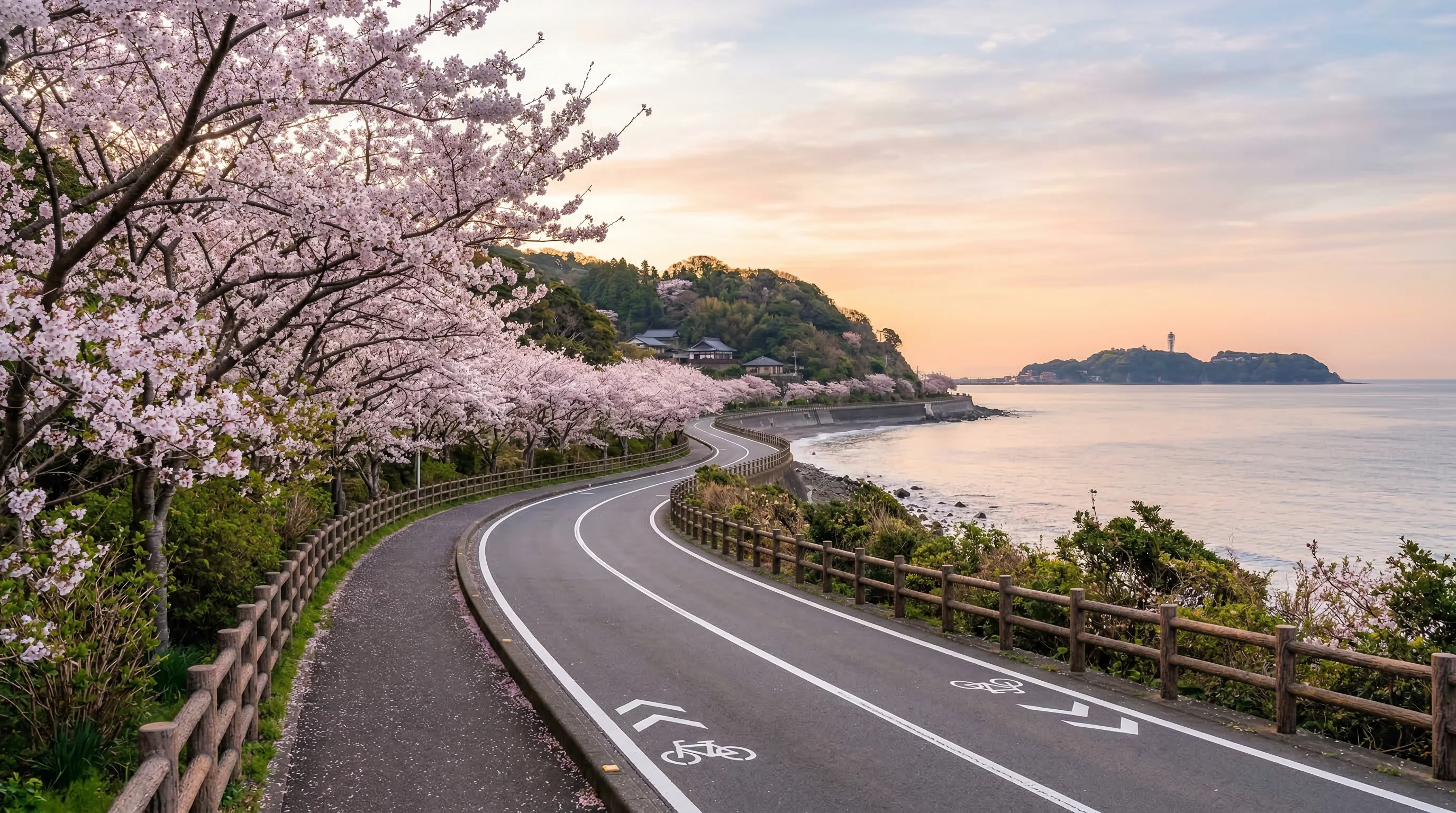 Beautiful cycling path along the Shonan coast with cherry blossoms and ocean views