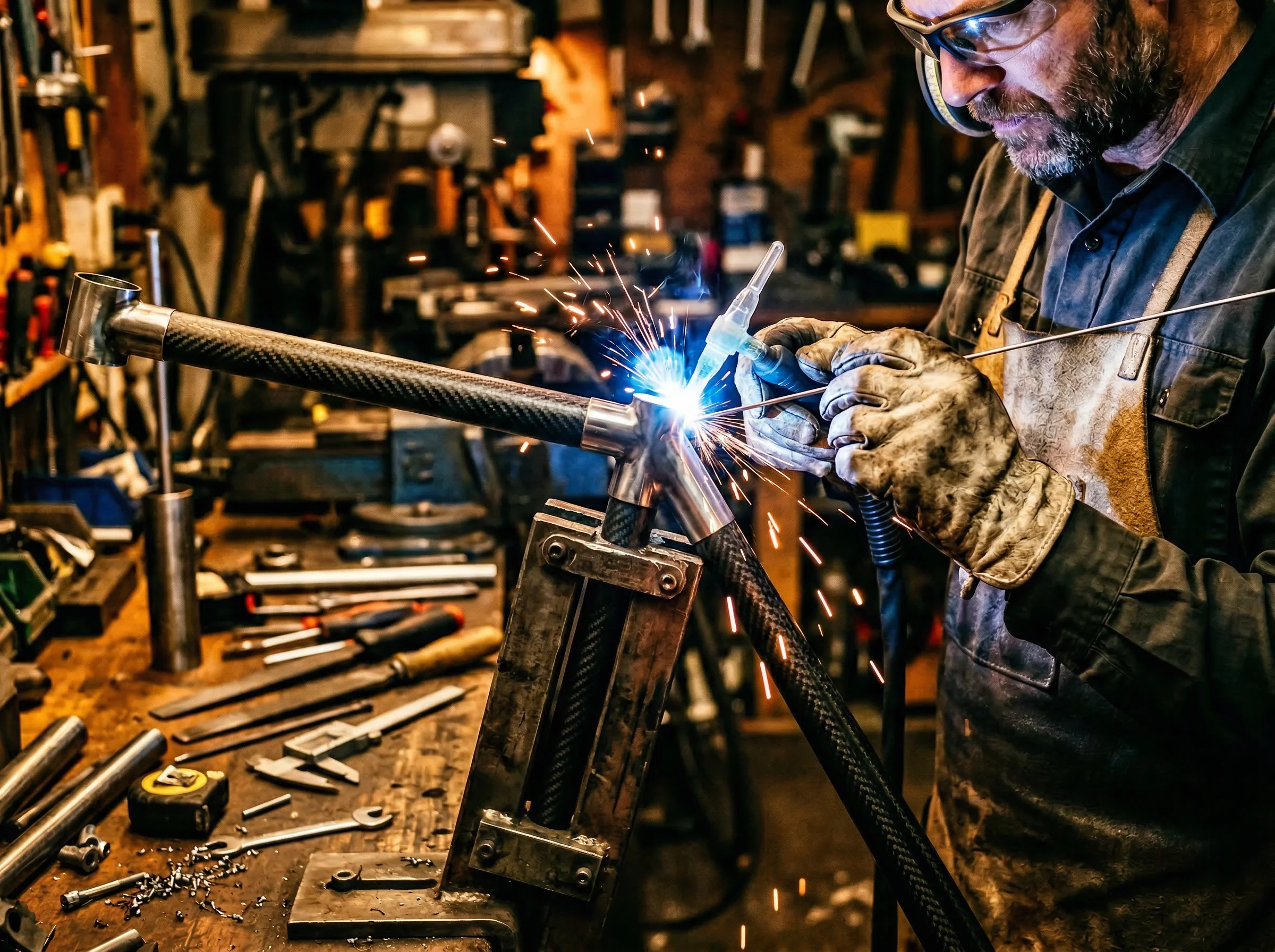Craftsman hand-building a custom bicycle frame with precision welding tools