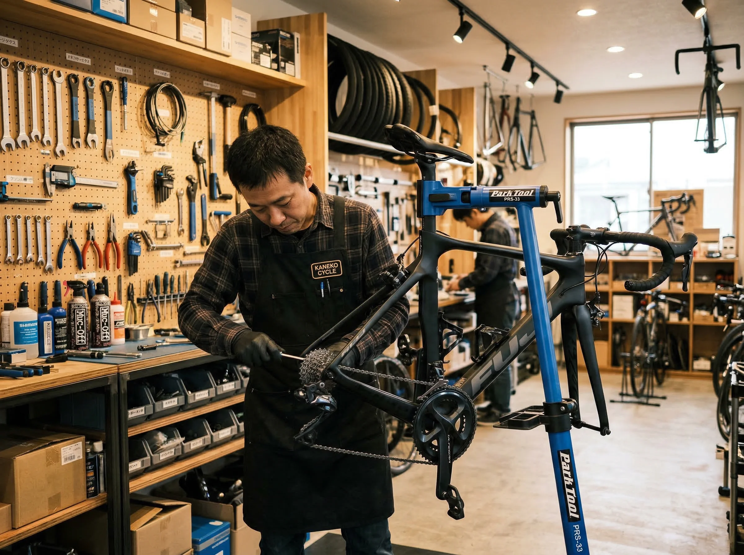 Expert mechanic performing precise adjustments on a road bike in the workshop